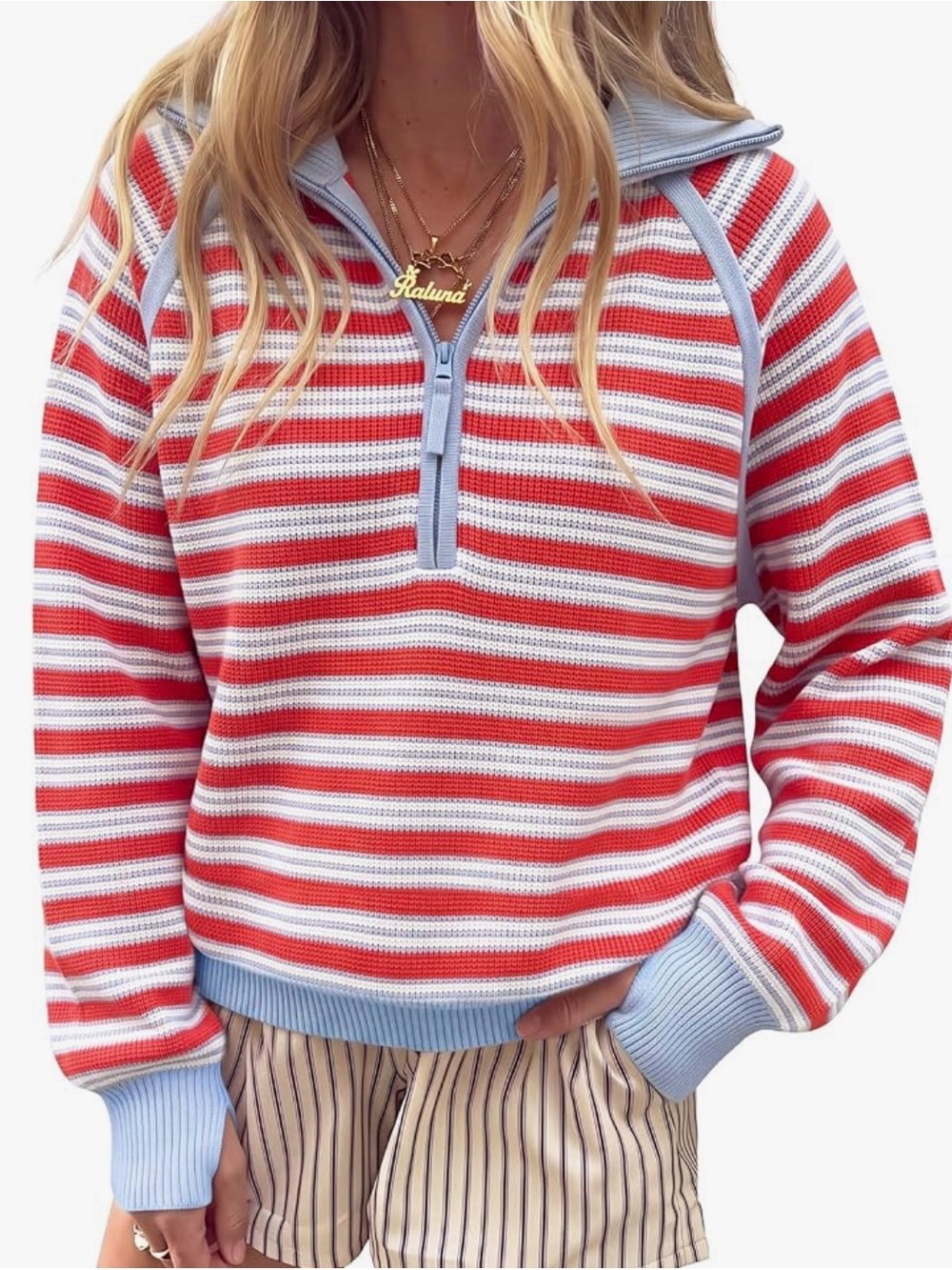 Amazon Striped Half-Zip Pullover Sweater - Red & Light Blue & White
